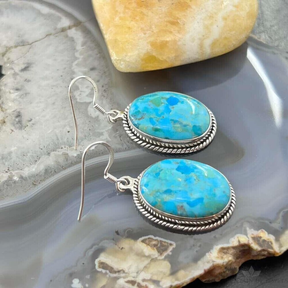 Sterling Southwestern Style Oval Mojave Turquoise Dangle Earrings For Women - Picture 4 of 10